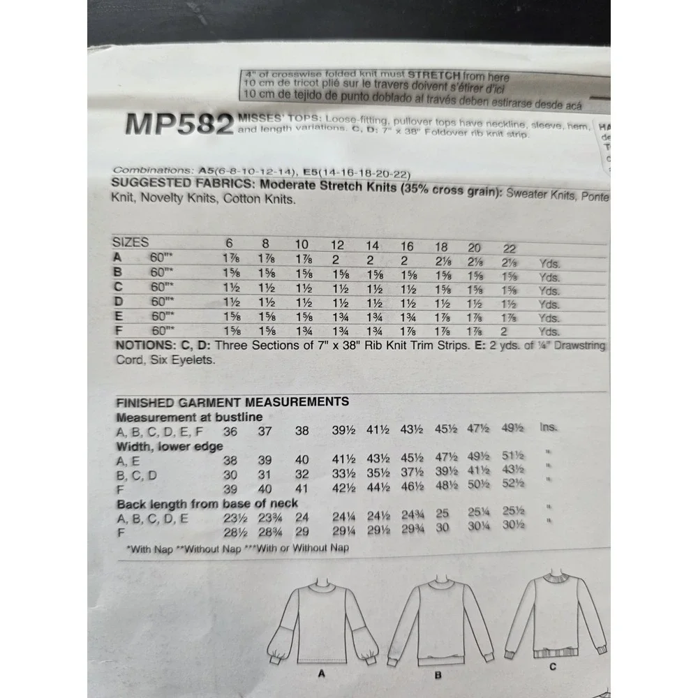 McCall's MP582 Misses Knit Pullover Tops Sewing Pattern Uncut Size 14-22 (196)